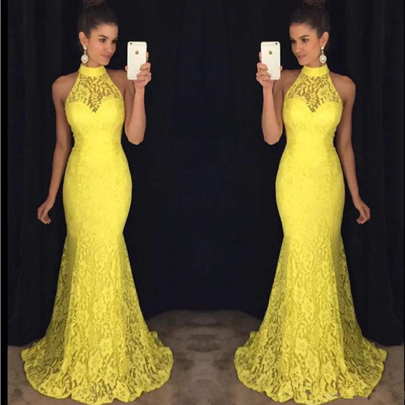 2021 Sexig Yellower Mermaid Prom Klänningar Halter Full Lace Aftonklänning Ärmlös Öppna Back Formell Party Andra Reception Gäster