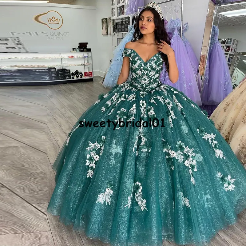 Bollklänning quinceanera klänningar med 3d blommor av axel söt 16 cinderella klänning vestidos de 15 años 2022