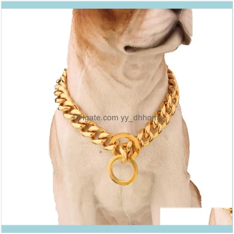 Chains 10/12/15/17/19MMStainless Steel Silver Color/Gold Cuban Curb Strong Pet Supplies Dogs Collar Choker Safety Anti-lost