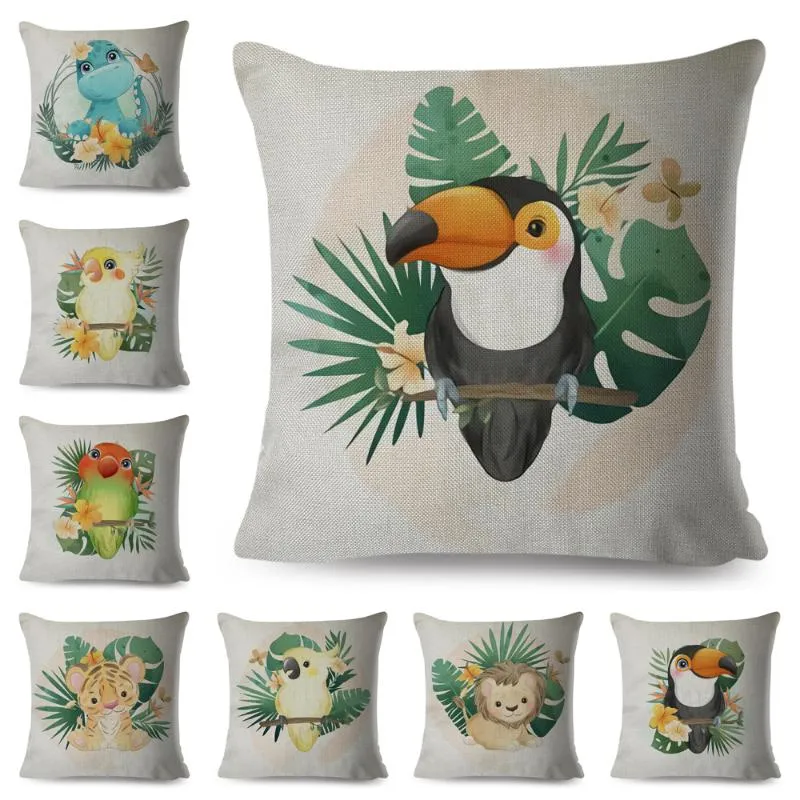 Cartoon Bird and Leaves Pillow Case Decor Cute Flower Animal Cushion Cover For Children Room Soffa Home Linen Pillow Case 45x45cm CUDHION/DECO