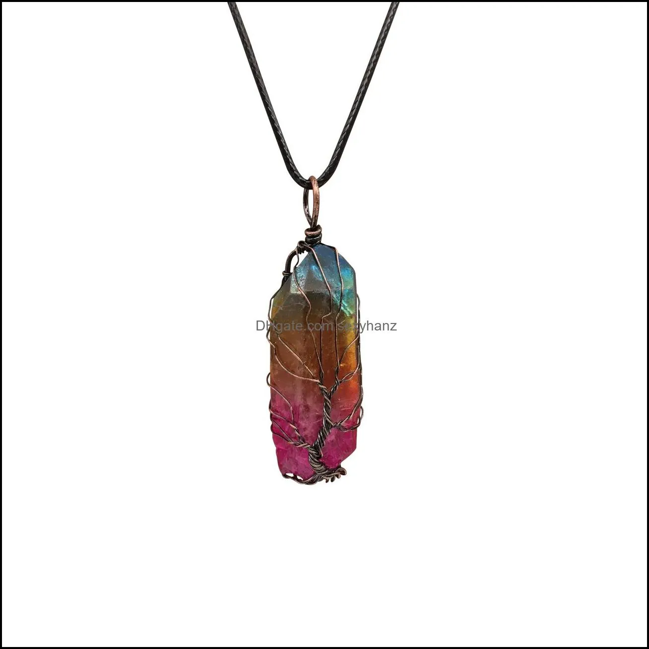 Tree of Life Titanium Coated Rainbow Rock Quartz Chakra Crystal Necklace Copper Wire Wrapped Irregular Rough Healing Pointed Gemstone Pendant Jewelry for Women