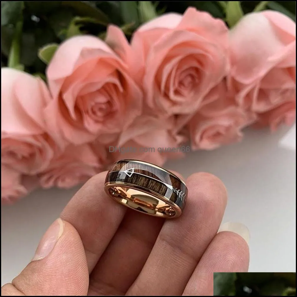 8MM Men Fashion Ring Stainless Steel Wood Inlaid Arrow Rings Wedding Band Anniversary Birthday Gift Jewelry