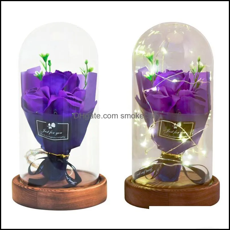 Eternal Soap Rose LED Light Flower Bouquet Glass Dome Wedding Artificial Mothers Day Gift For Women Drop Decorative Flowers & Wreaths