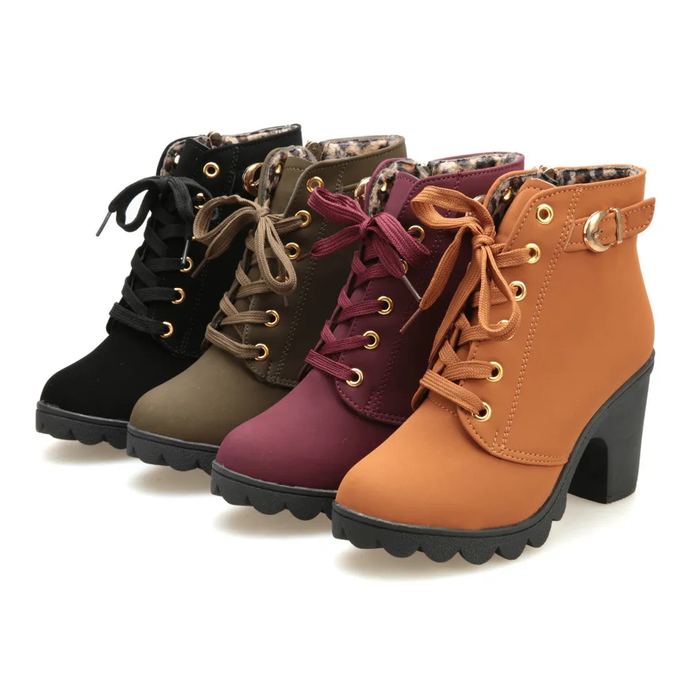 Frauen Mode High Heel Lace Up Stiefeletten Damen Schnalle Plattform Künstliche Leder Schuhe Bota Feminina