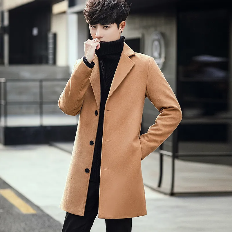 Solidna płaszcz Trench Męskie Jesień Zima Slim Fit Anglia Styl Męska Kurtka Z Długim Rękawem Koreański Płaszcz Oversized Scargan Outwear 210524