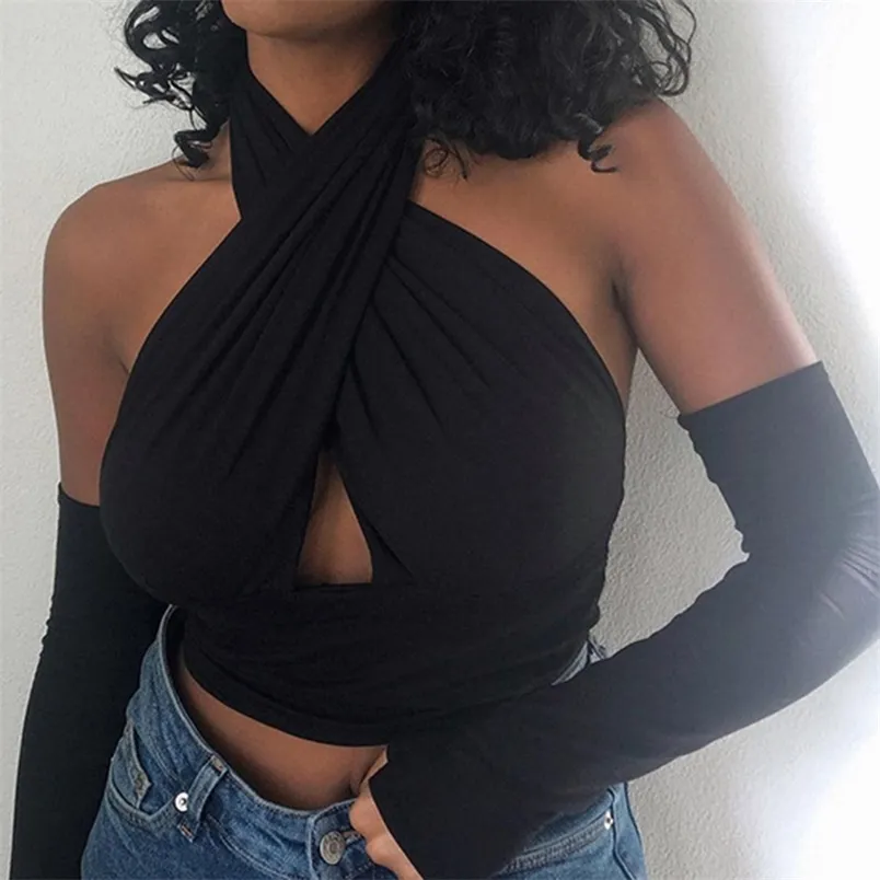 Women Sexy Halter Personality Skinny Crop Top Gloves Summer Solid Color Casual Sleeveless Hollow Out Backless Short T-shirt 210517