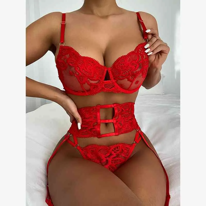 Transparent Sexy Lingerie Women Underwear Set Push up Bra Set Bra+Garters+Thong