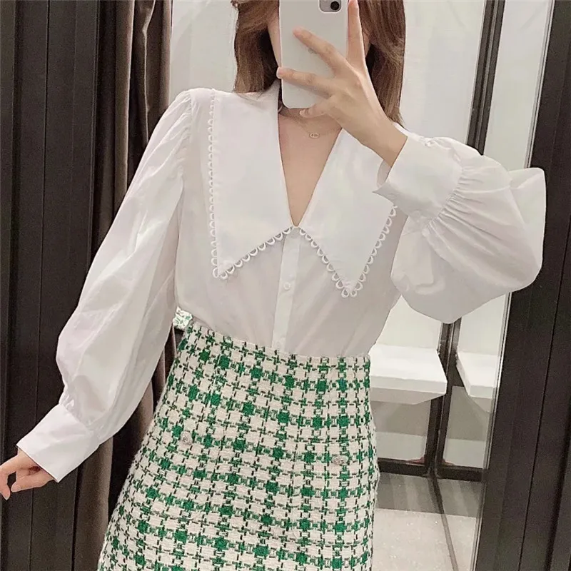 BLSQR Fashion White Geplooid Losse Blouses Dames Vintage reverskraag Lange mouw Vrouwelijke shirts Blusas Chic Tops 210430