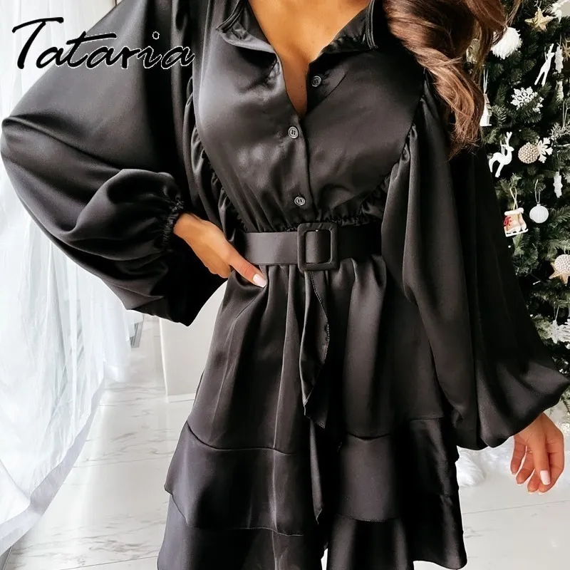 Mode Satin Ruched Black Mini Dress for Women Red V-Neck Lantern Sleeve Sexiga Klänningar Plus Storlek Paty Ladies Streetwear Vestidos 210514