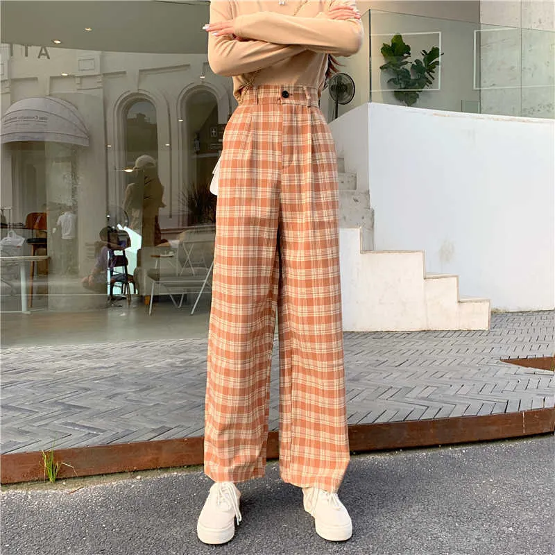 Simple Retro Plaid Pants Women's Street Fashion Casual Large Size Vertical Mop Straight Slacks Q0801
