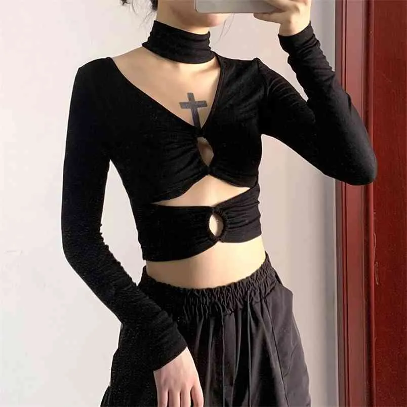 Kadın T-shirt Kadın Uzun Kollu V Yaka Katı Renk Oymak Zarif Bayanlar Halter Moda Giyim Tops 210522