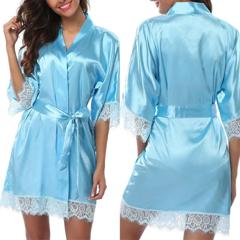 Silk Dress Ladies Kvinnors Lace Sleepwear Robe Middle Sleeces Bathrock Sexig Underkläder Nattklänning Tongs