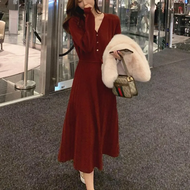 Casual Kleider Midi Pullover Kleid Frauen Langarm V-ausschnitt Elegante Büro Strickte Weibliche einteiliges Koreanische 2021 Herbst Winter