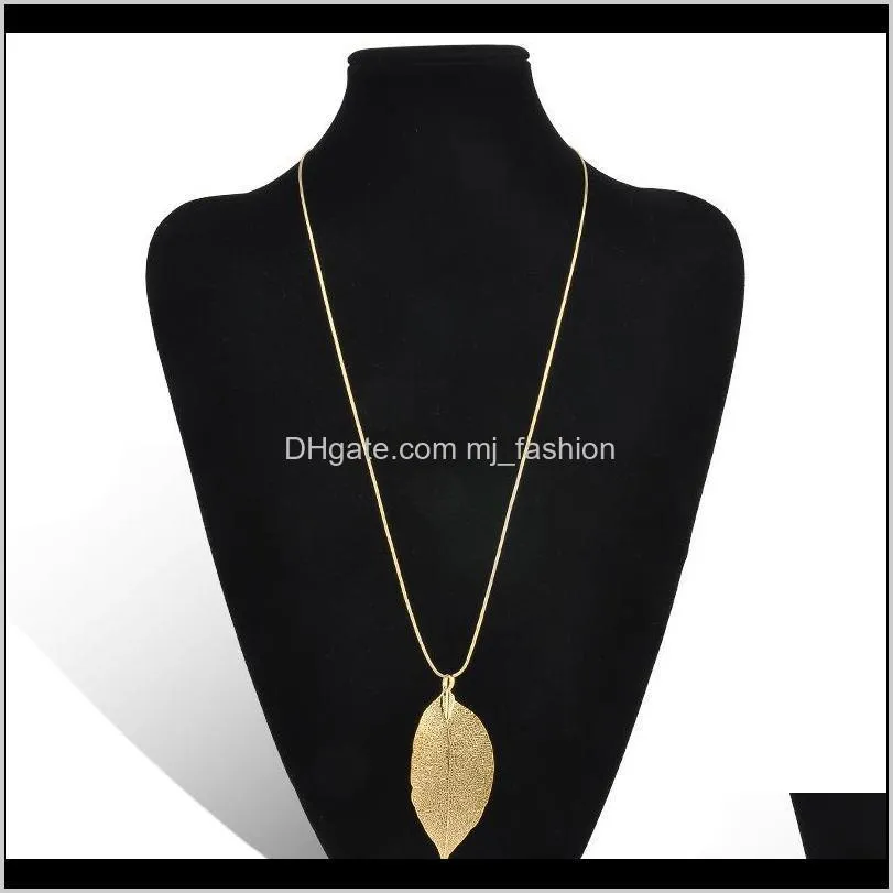 fashion jewelry design 24k gold silver plating natural real leaf long necklace pendant sweater chain clavicle necklace 1397