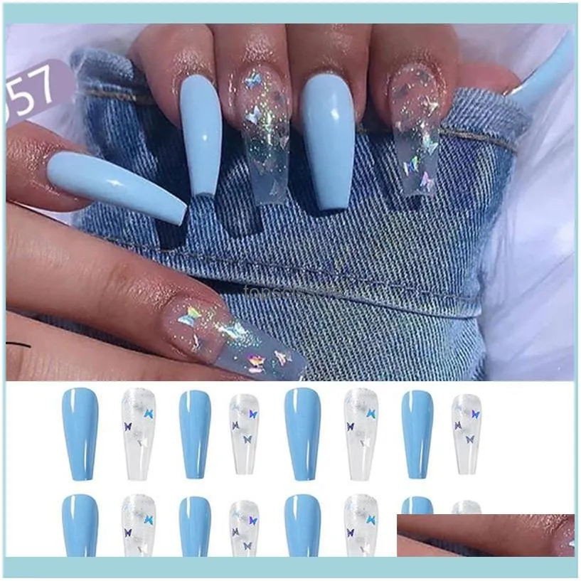 24Pcs Long Coffin False Nails Sky Blue Powder Laser Butterfly Manicure Patch Pre Design Acrylic Full Cover Ballerina Fake Nails1