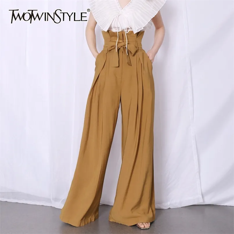 Twotwinstyle Casual Loose Women Calças Completa Calças Cintura Alta Cintura Túnica Plissada Plissada Lareira Pant Feminino Roupas Moda 210915