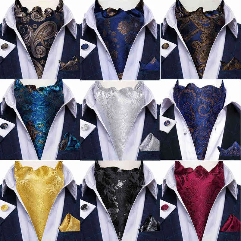 Men Premium Silk Ascot Tie Set Paisley Floral Blue Red Vintage Wedding Formal Formal Cravat Tie Tie Ascot Sarves Pocket Set Set Dibangu Y1229