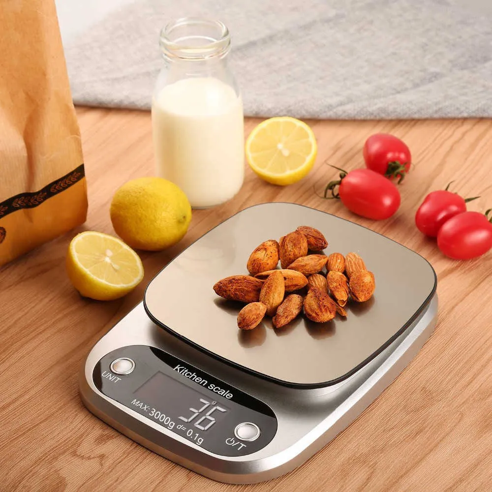 10kg escala de cozinha digital 3kg / 0.1g alimentos multifuncionais Peso eletrônico cozinhar plataforma de aço inoxidável 210728