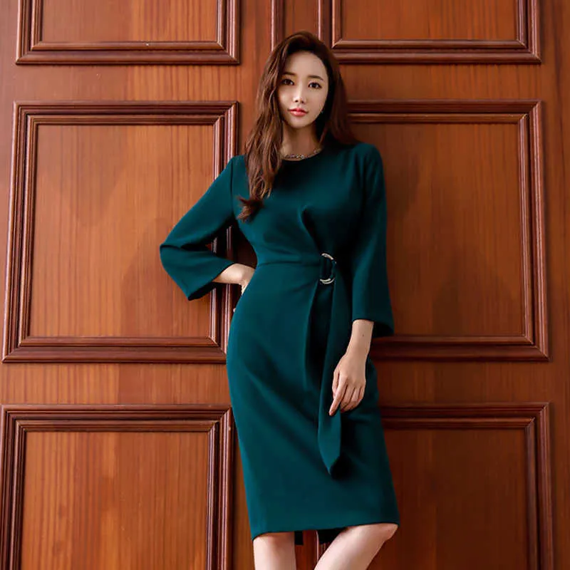 Autumn Work Wear Pencil Dress Green O Neck Draped Belts Midi Length Long Sleeve Office OL Dresses Vestidos Robe 210529