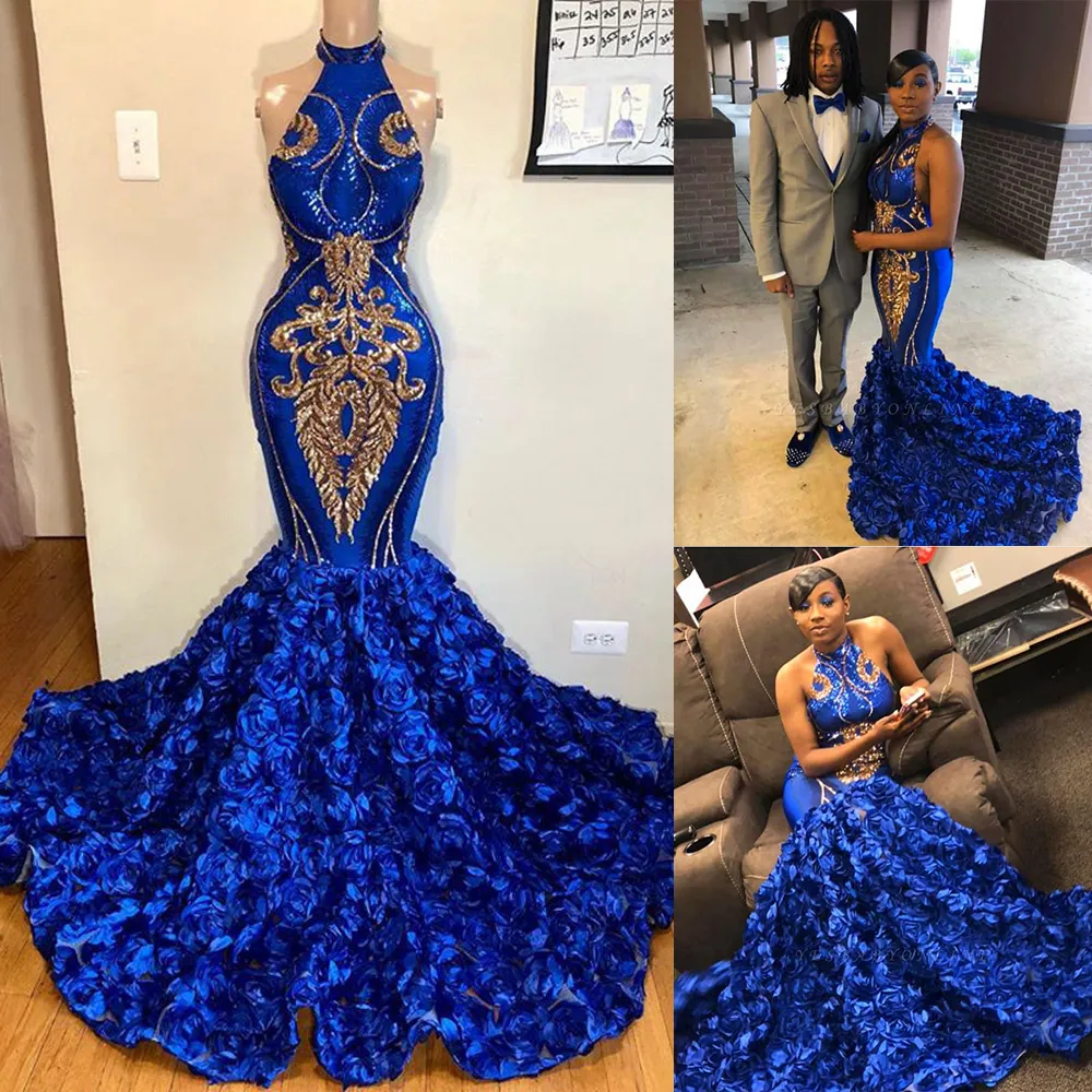 Afryki Royal Blue Mermaid Prom Dresses ze złotymi aplikacjami Sexy Halter 3D Rose Flower Suknie wieczorowe Formalna sukienka koktajlowa