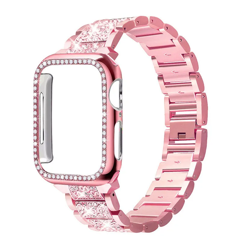 Diamantgehäuse + Imitationsjuwelen-Armbandbänder für Apple Watch 41 mm, 45 mm, 40 mm, 42 mm, 38 mm, Zubehör, Bling-Stoßstangenschutz, iWatch-Serie 7, 6, 5, 4, 3, 2, 1 Se-Armband