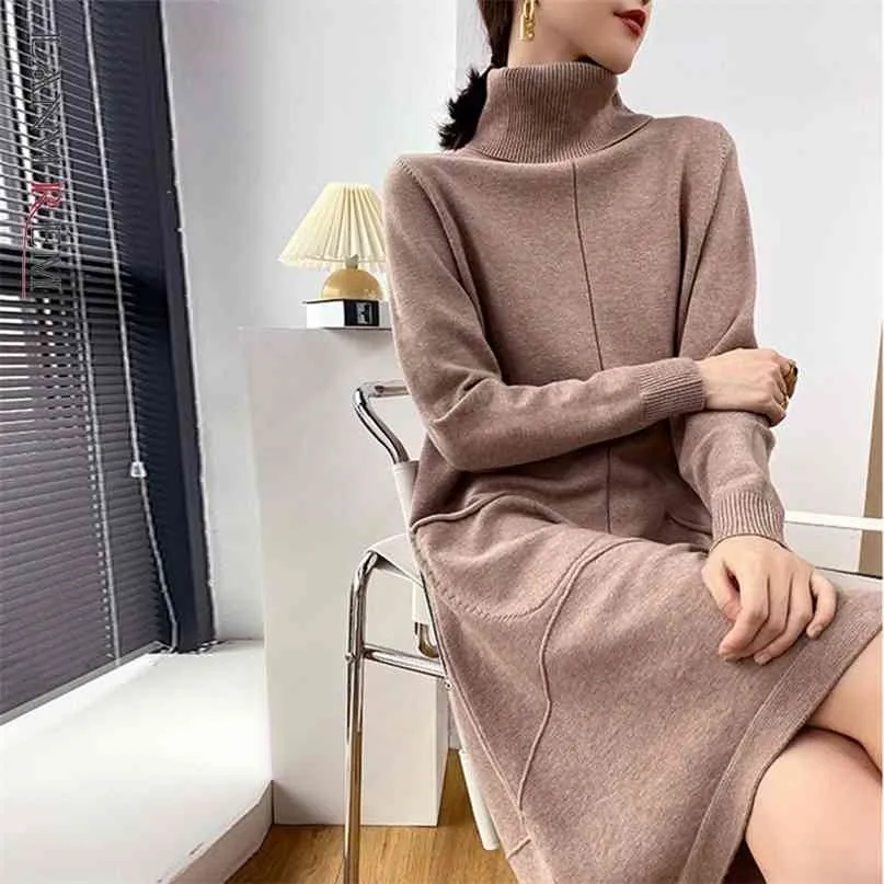 Jesień i zima Turtleneck Naturalny Talia Dziana Jumper Podwójne Kieszenie Top Czarny Sweter damski dla kobiet 2a2471 210527