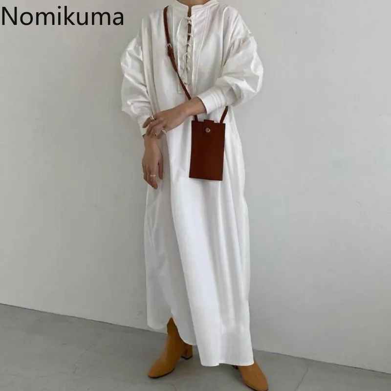 Nomikuma cor sólida maxi vestido mulheres outono casual solto longa manga vestidos senhoras Único peito vestido feminino 3d571 210514