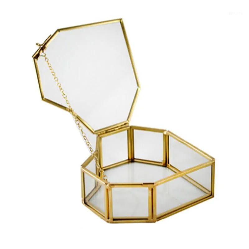 Sacchetti per gioielli, borse Hexagon Clear Glass Box Braccialetti per fedi nuziali Porta orecchini 11 * 11 * 8 cm