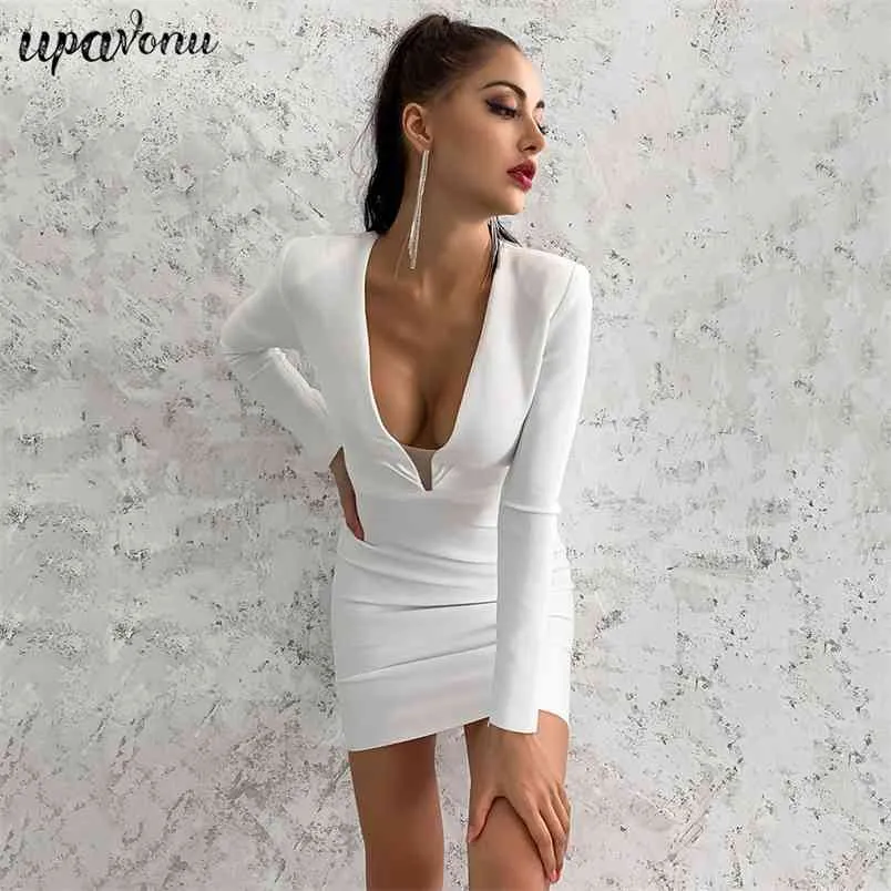 Autunno libero bianco manica lunga aderente Celebrity Club Party Dress donne sexy con scollo a V Back Zip Mini Vestido 210524