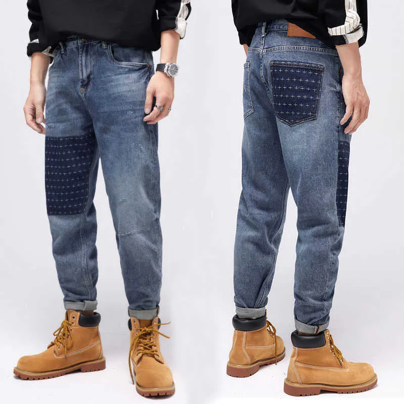 Street Style Moda Uomo Jeans Retro Blu Elastico Gamba Larga Strappato Ricamo Designer Pantaloni Hip Hop Casual Denim