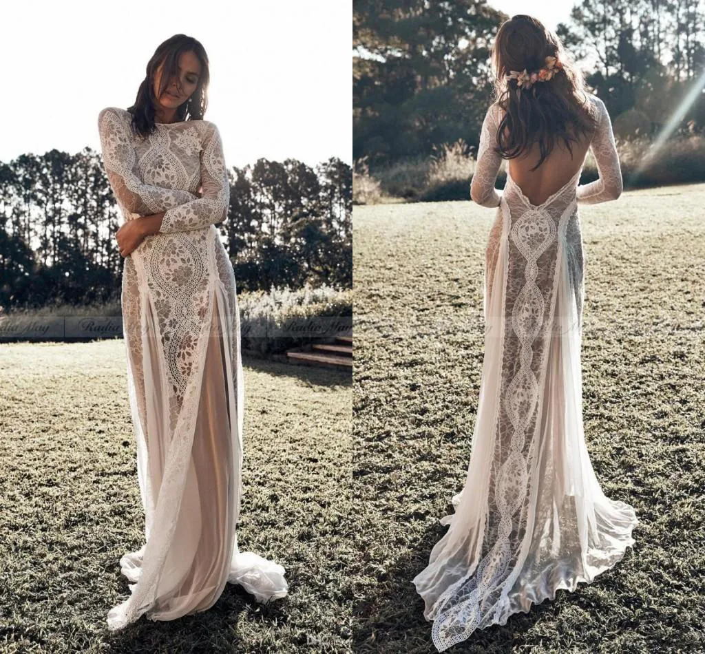 2021 Vintage Lace Boho Beach Wedding Dresses Manga Comprida Applique Backless Estilo Country Vestido de Noiva Boêmio Vestidos de Noiva Hippie Vestido Cigano