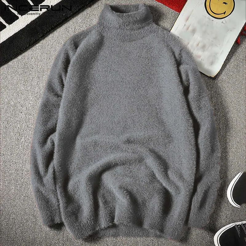 2020 Moda zimowa Męska Sweter Fałszywy Norek Kaszmirowy Z Długim Rękawem Ciepłe Jumper Turtleneck Polar Mężczyźni Swetry Streetwear Inkińska Y0907