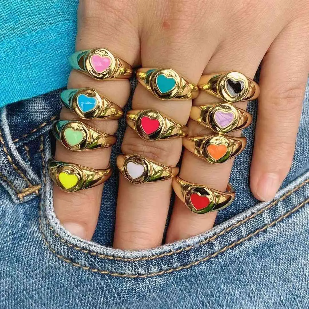 10st 2021 Koreansk trendig vintage emalj färg hjärta metall ringar för kvinnor par smycken