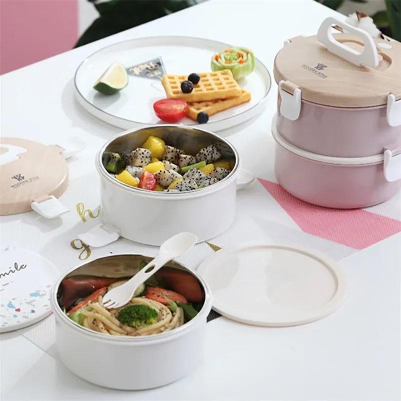 Japansk rostfritt stål lunchbox bärbar matförvaring behållare dubbelskikt färsk mikrovågsugn utomhus picknick 210423