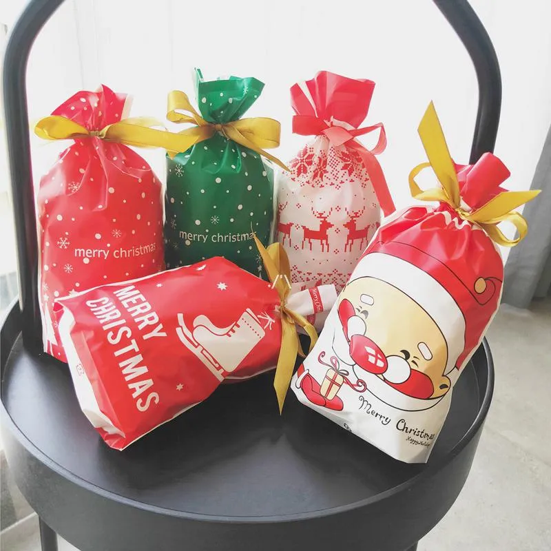 Julklapp Candy Cookies Drawstring Plastpåse Xmas Tree Elk Party Presents Pouch Hem Förpackning Mat Inredning Havsvikt PaA9853