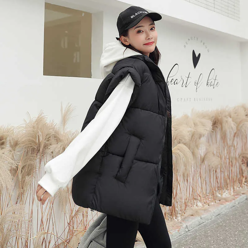 Women Thick Down Cotton Vest Winter Autumn Solid Puffer Waistcoat for Female Stand Collar Loose Sleeveless Vest Jacket Coat 211008