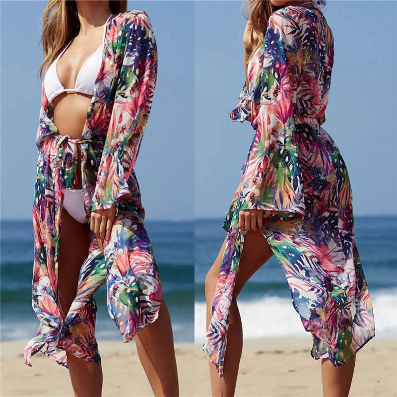 Цветочная туника для пляжа купальный костюм крышка с длинным шифоновым пляжем платье плюс размер пляжная одежда бикини накрытие Side de Praia # Q694 Y19060301