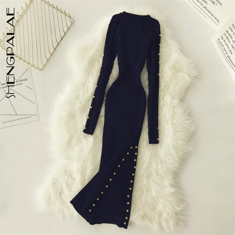 Simple Rivet Long-sleeved Mid-length Long Knee Split-knit Dress Korean Slim Black spring Casual Dresses QV1520 210427