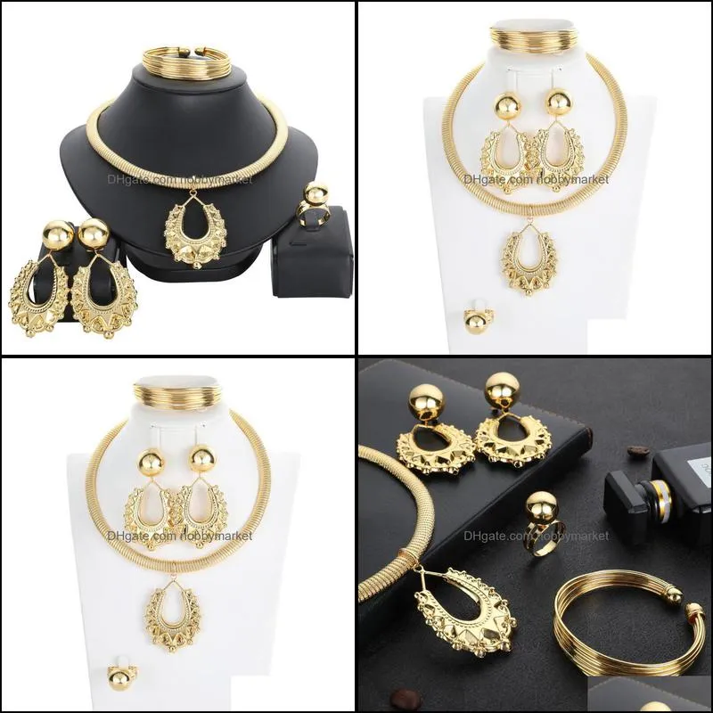 Earrings & Necklace Luxury Wedding Gold Jewelry Sets For Women Hoop Pendant Flower Party Gift