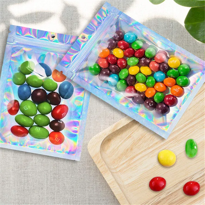 Resealable Metallic Smell Proof Bags Foil Pouch Bag Flat Aluminum laser color Mylar Packaging for Food Storage Holographic