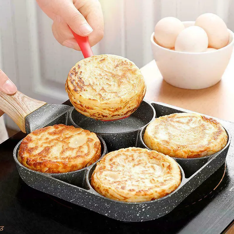 4-gat Fried Egg Hamburger Pan Non-Stick Ham Pancake Maker Houten Handvat Geschikt gasfornuis en Inductiekookplaat Keukengereedschap 210319