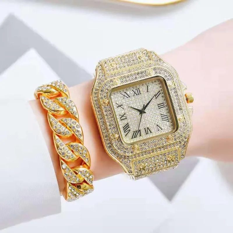Relógios relógios de relógios para mulheres homens luxo hip hop cheio de relógios de ouro com cadeia cubana quadrado quadrado pulseira conjunto