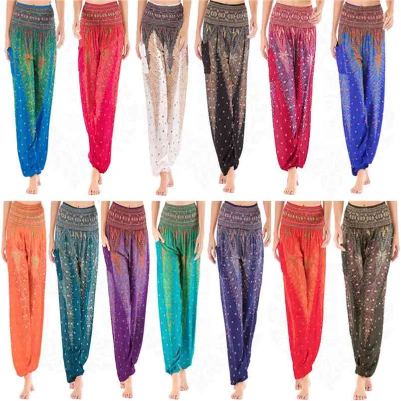 Thailandia Peacock Feather Print Pantaloni a vita alta per donna Elastici Pocket Harem Donna Jogger Casual Baggy 210604