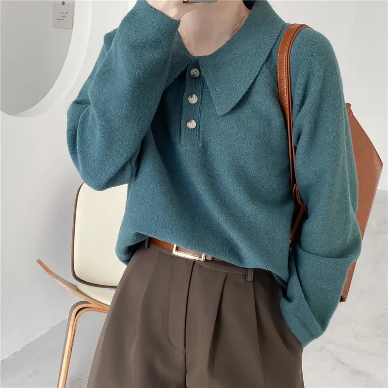 Women Autumn Winter Lapel Pullover Sweater Fashionable Solid Color Oversize Lazy Wind Design Sense Outer Wear Knit Top 210520