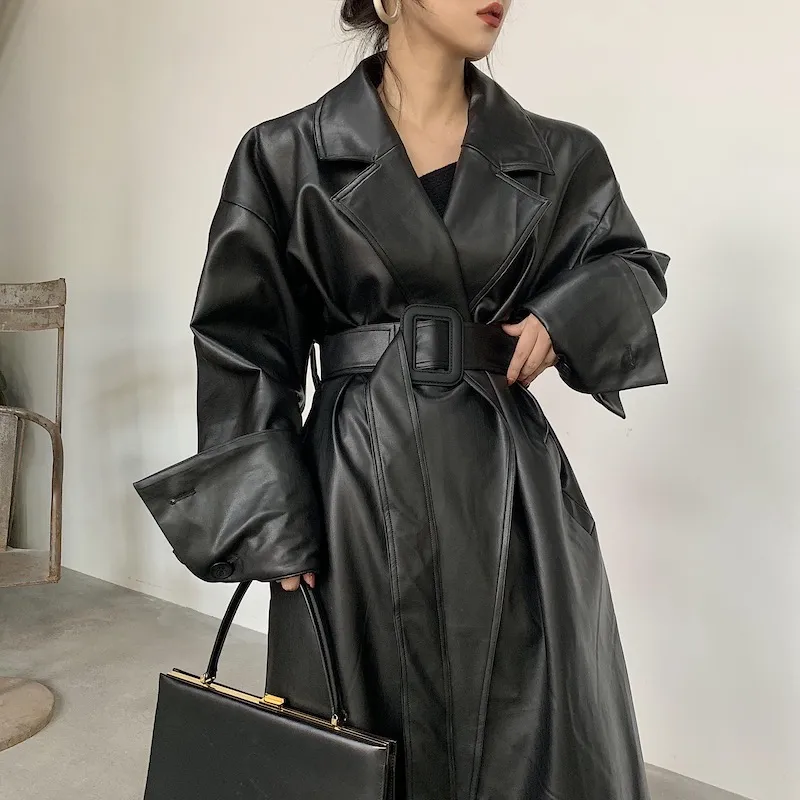 Feminino couro falso longo oversized pu lapela cós laço casaco trench outerwearcoats outono inverno francês retro terno médio longo manga longa solto ajuste streetwear