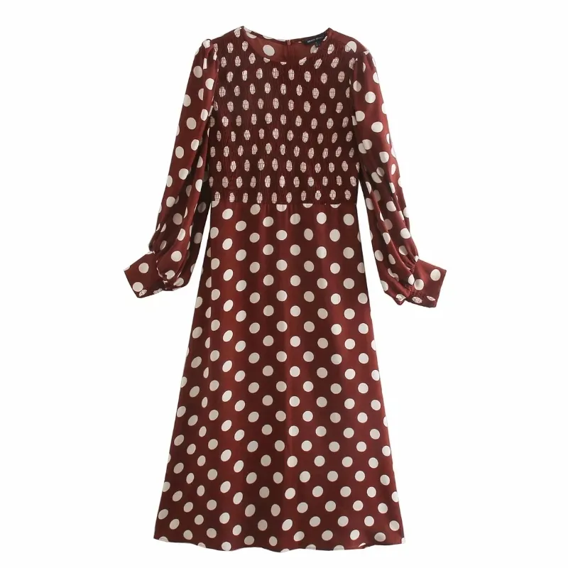 Women Polka Dot Printing Midi Dress Casual Femme O-Neck Lantern Sleeve Clothes Lady Loose Vestido D6665 210430