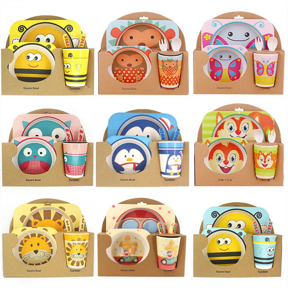 5pcs/set Baby Dish Tableware Children Cartoon Feeding Dishes Kids Natural Bamboo Fiber Dinnerware With Bowl Fork Cup Spoon Plate
