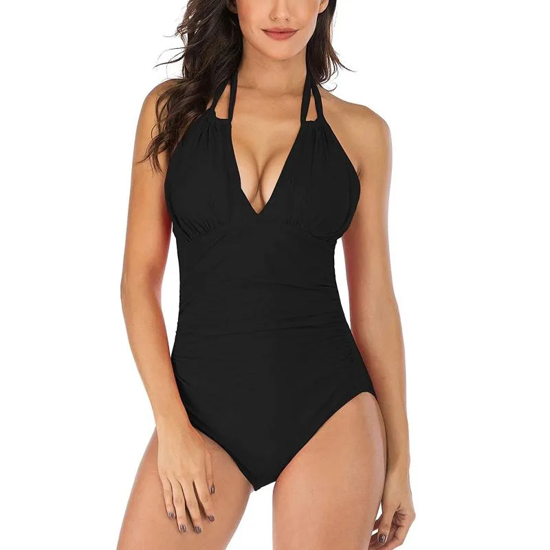 Women's Swimwear One Piece Swimsuit Women Solid Push Up Feminino Halter Top Swimming Suit Sexy Bathing Plus Size #01