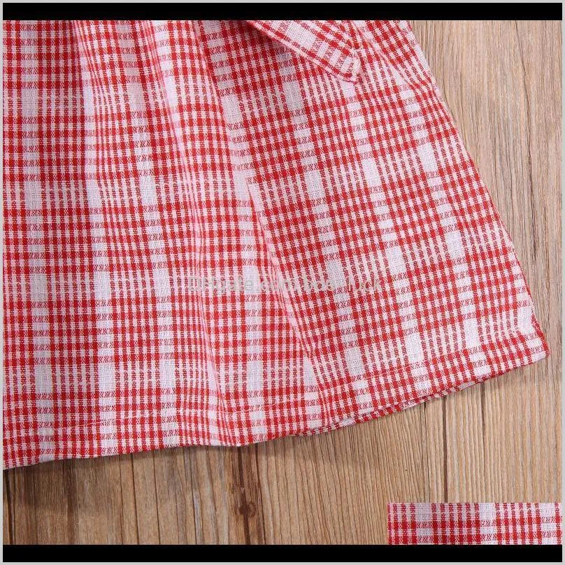 Girls Dress Casual Clothing Red Plaid Print Button Short Sleeve A -line With Bow Belt Girl`s Dresses