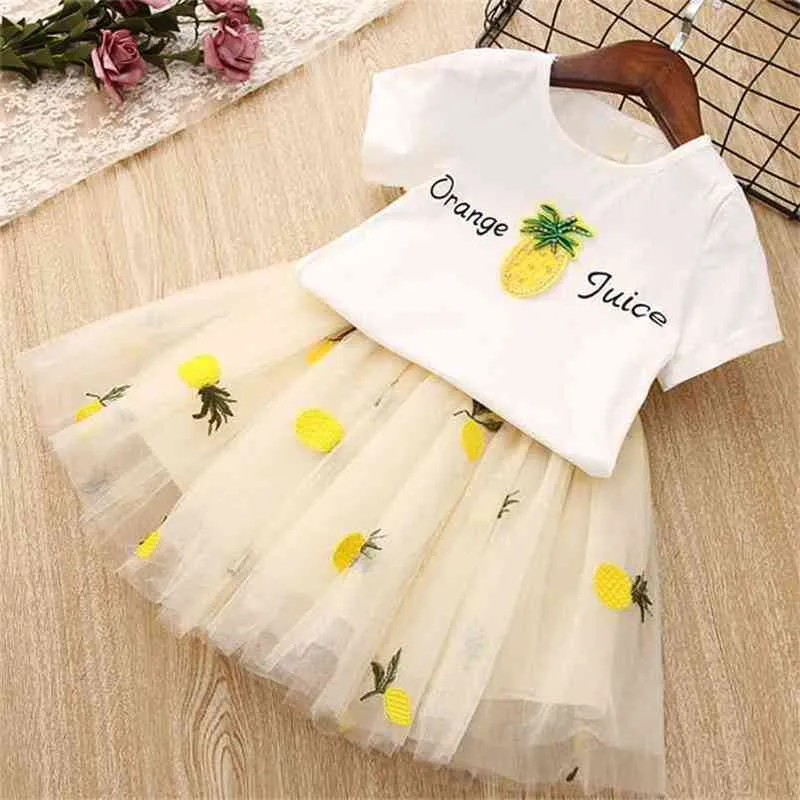 Ensembles de vêtements pour filles d'été mignon t-shirt coréen + fil de sort jupe de broderie d'ananas 2PCS princesse enfants vêtements pour enfants 210625